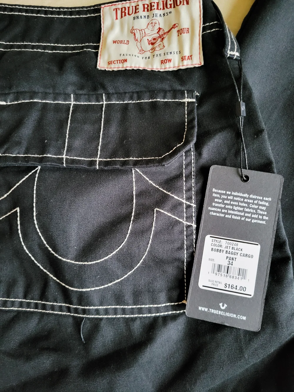 True Religion Bobby Baggy Cargo Pant Mens 34 Jet Black White Stitch NWT